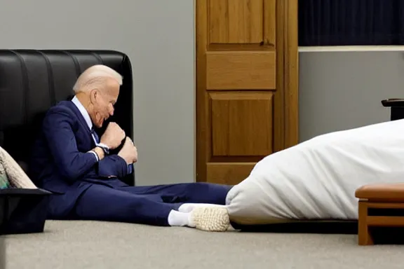 Image similar to a far away shot of Joe Biden sleeping on a bed in a court room