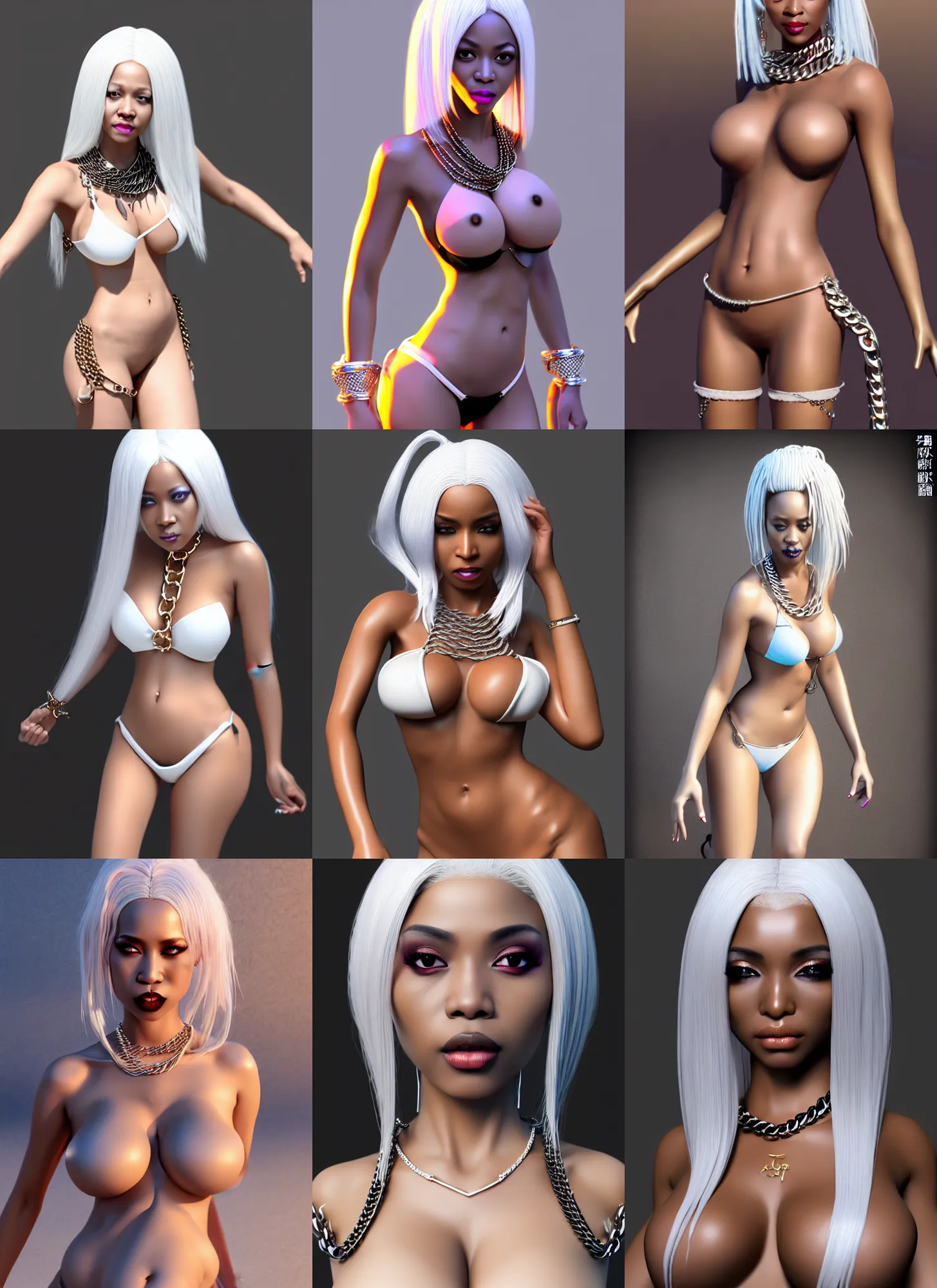 Prompt: full length complex 3 d hyper realistic smooth ultra sharp render of a gorgeous light skinned african woman with white hair | bikini, chains | demoness, succubus | medieval, fantasy, d & d, unholy | art by 吵 集 仁 儿 on artstation + oh jinwook + sakimichan