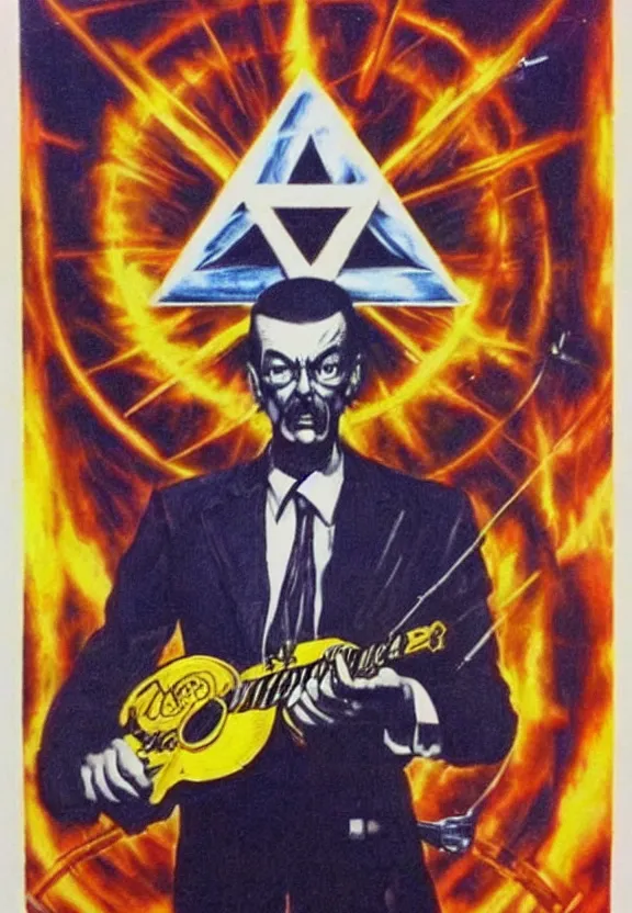 Image similar to one famous person, simple, subgenius, x - day, aliens, weird stuff, occult stuff, guns and firepower, illuminati, colorful, hyperrealism, stage lighting