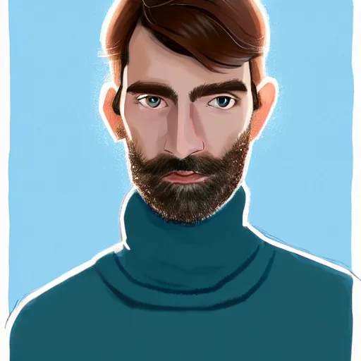 Prompt: gangly man with short light brown wavy hair, light brown stubble thin beard, no mustache, English heritage, blue eyes, middle aged, wearing a turtleneck and jacket, pale skin, narrow face, digital art, painterly, cartoon, cute, 8k, illustration, art by loish, painterly, trending on artstation, medium shot, uncropped