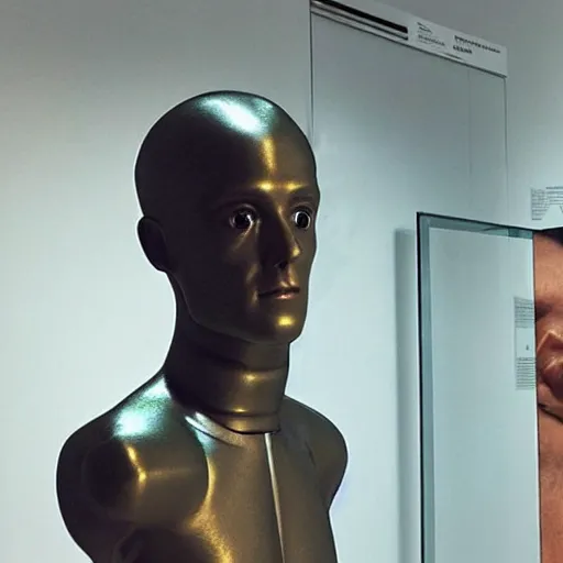 Image similar to “a realistic detailed photo of a guy who is an attractive humanoid who is half robot and half humanoid, who is a male android, British diver Tom Daley, shiny skin, posing like a statue, blank stare, at the museum, on display”