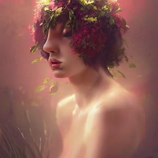 Image similar to Portrait of a dark fantasy nymph, flowers and plants surrounding, stunning, concept art, artstation, dramatic lighting, by Wlop