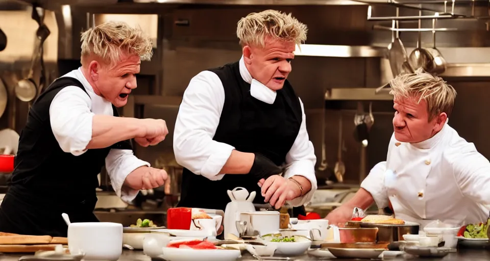 Image similar to photo of angry furious Gordon Ramsay punching Gordon Ramsay at the kitchen