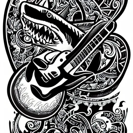 Prompt: Shark and guitar, roses and coins on the background, design in the Maori style for a tattoo