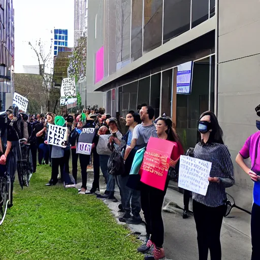 Prompt: a protest in-front of the Openai office, photograph