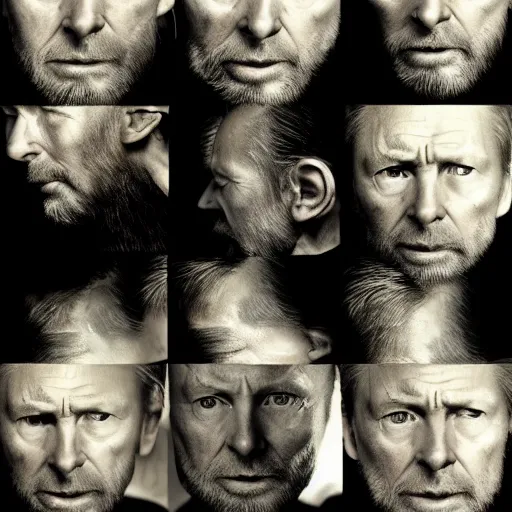 Image similar to collages, hyper realistic, many variations portrait of very old thom yorke, face variations, singer songwriter, ( side ) profile, liminal space, by lee bermejo, alphonse mucha and greg rutkowski, greybeard, smooth face, cheekbones, various versions