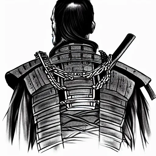 Image similar to A PORTRAIT FROM BEHIND OF A SAMURAI ,THE THE MAN IS WRAPPED IN CHAINS ,detailed, concept art, ink style , sketch