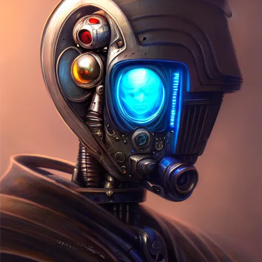 Image similar to front shot of a cyberpunk gazmask robot character, intricate, elegant, highly detailed, centered, digital painting, artstation, concept art, smooth, sharp focus, illustration, artgerm, Tomasz Alen Kopera, Peter Mohrbacher, donato giancola, Joseph Christian Leyendecker, WLOP, Boris Vallejo