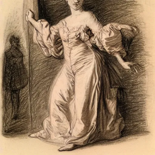 Image similar to Drawing of a woman, full body, clothed, François Boucher, red chalk, watteau