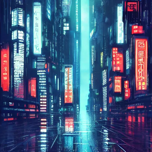 Image similar to high detailed cyberpunk rainy city at night with a torii in the background by Syd Mead, high quality, 4K, UHD, trending on ArtStation, blade runner vibes, ghost in the shell