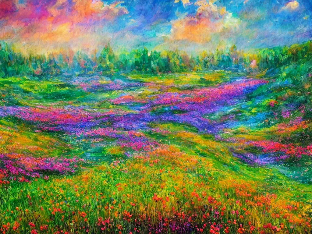 Image similar to an impressionist painting of a gorgeous meadow filled with colorful mushrooms with a stream flowing through it, psychedelic colors, colorful sky in background, high detail, trending on artstation