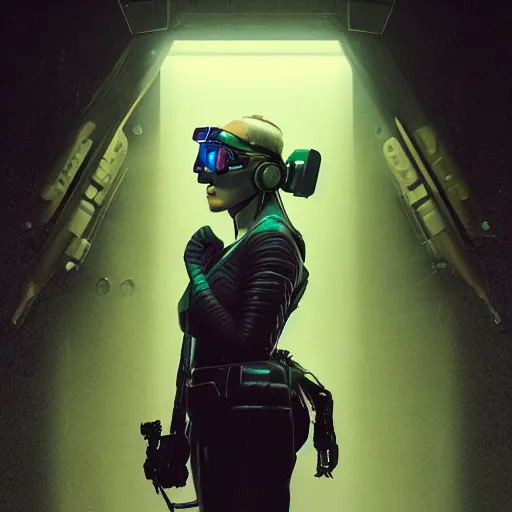 Image similar to a expressive portrait photograph of cyberpunk woman with nightvision goggles in dramatic lighting, depth of field background, artstation, concept art by jim burns and greg rutkowski, a realism masterpiece, james gilleard, bruegel, alphonse mucha, and yoshitaka amano
