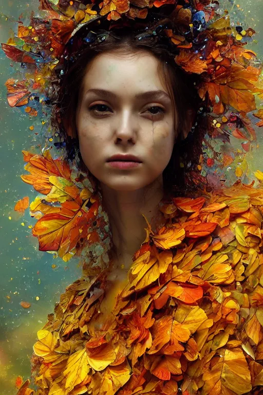 Prompt: close - up portrait of beautiful girl by irakli nadar with intricate detailed color smashing fluid oil paint and acrylic, autumn leaves headdress, melting wax, mycelia, abstract impressionism, ruan jia, fantasy, hyper detailed, concept art, by gustav klimt,