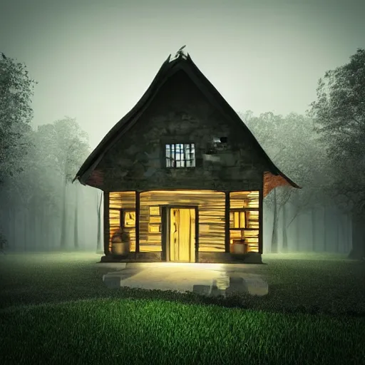 Image similar to darkness render fog highly detailed village house day forest