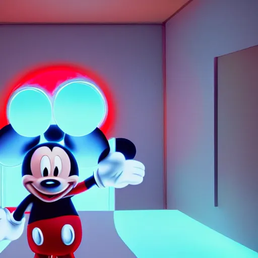 Image similar to render of mechanics operating mickey mouse in facility laboratory, with glowing red netflix logo, low light with only 1 mint and 1 red light, made by beeple, octane render, unreal engine, cinema 4 d, artstation, 4 k highly detailed art