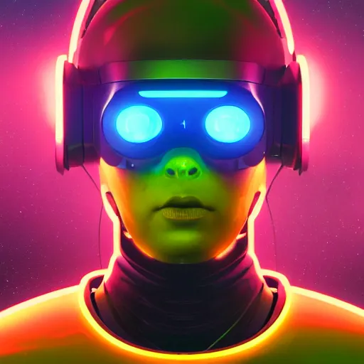 Image similar to cyberpunk concept cool cyborg bot, cinema 4 d, galaxy, cosmos, ufo, space sci - fi, wearing vr goggles, illustration, portrait, pastel neon textured background night, trending on artstation, greg rutkowski, octane rendered, 1 2 k, detailed,