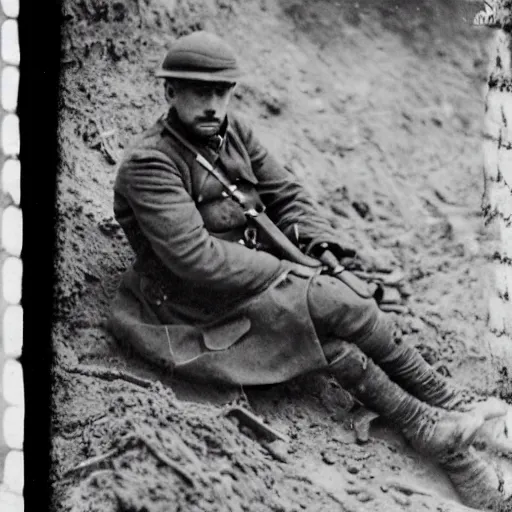 Prompt: a 1914 austrio-hungarian soldier sitting in a trench during world war 1, taken by a world war 1 camera.
