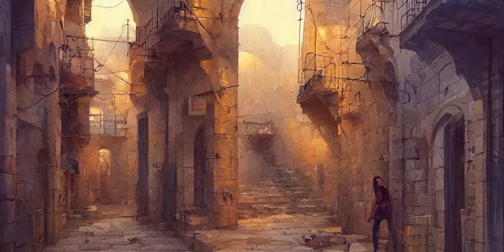 Prompt: mardin old town, oil painting by jordan grimmer and marc simonetti