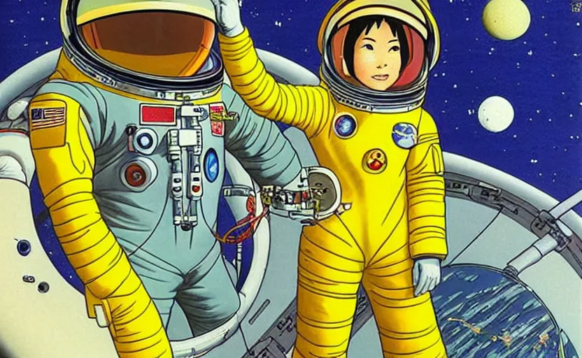 Image similar to yoko tsuno a female astronaut in jaxa yellow spacesuit floating in a scenic space environment next to spaceship, moebius