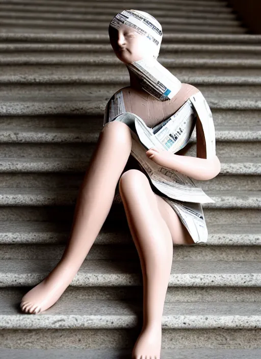 Prompt: a portrait of a beautiful young woman paper mache wrapped and made of newspaper, sitting relax and happy, marble stairs on the the backgroundhyper realistic, 8 k,