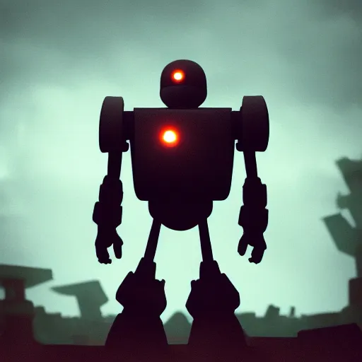 Image similar to The Iron Giant wandering a junkyard, mysterious, Octane Render, Raytracing, 135mm camera lens, moody lighting, dark