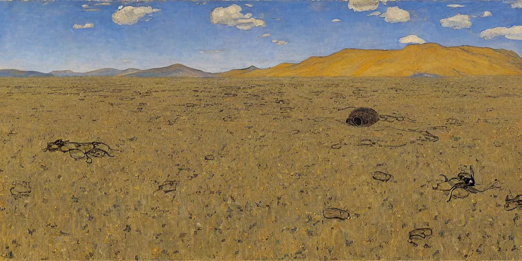 Image similar to oil painting huge wasp and wasp nest in the steppe by ferdinand hodler