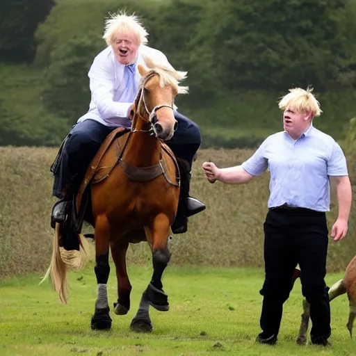 Prompt: Boris Johnson riding a horse into battle