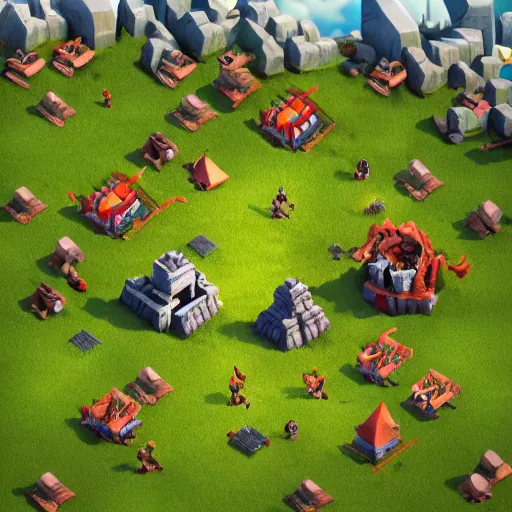 Prompt: clash of clans characters attacking a fortress on a green grassy field blue sky cumulus clouds, dynamic angle, high contrast, 3 d, cartoony render, animation, 4 k, highly detailed