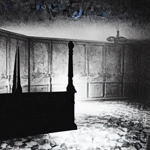 Image similar to film footage of a interior of insidious, the conjuring, paranormal activity, blair witch, transparent creepy, sinister, dark atmosphere, horror