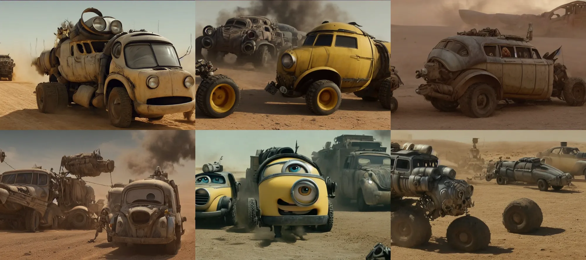 Prompt: a minion robot, mechabot, pixar cars (2006) in the Movie Mad Max: Fury Road (2015)