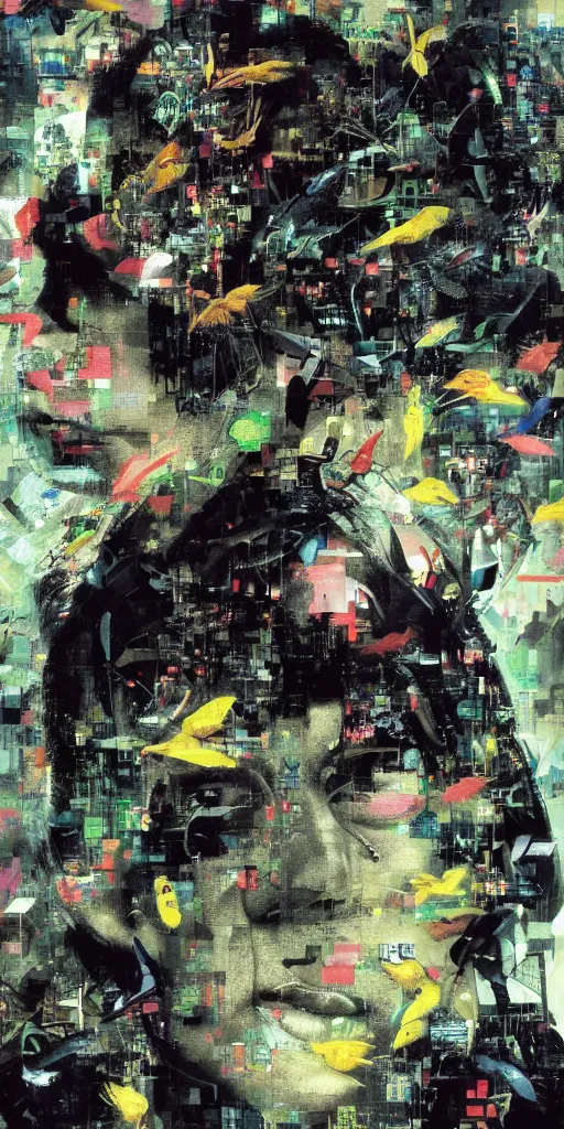 Image similar to a daydreaming hacker under progressive rasterization is surrounded by digital birds, neon virtual networks, and information visualization, oil on canvas by dave mckean and yoji shinkawa