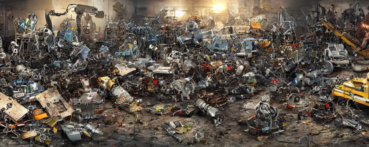 Prompt: scrap yard for future robot outcasts, electric sparks, photorealistic