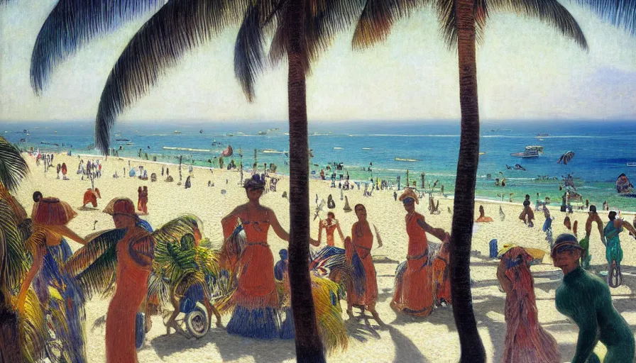 Image similar to a ultradetailed beautiful painting of the luxurious beautiful utopian futuristic rio de janeiro designed by jules bastien - lepage, tarsila do amaral, frank weston and gustave baumann, beach, trending on artstation, mediterranean, palm trees, sharp focus, colorful refracted sparkles and lines, soft light, 8 k 4 k