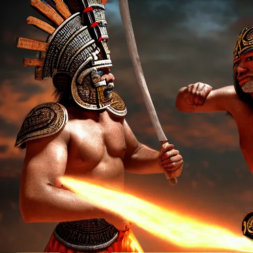 Prompt: a mayan warrior fighting a priest, high quality CG render, 4K