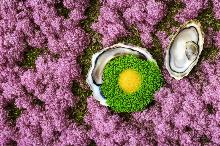 Image similar to a romantic dlsr photoportrait of an oyster in the field of flowers. pastel colors, blurred background. sharp focus on the oyster, 5 0 mm lens, professional light, aerial shot from the drone