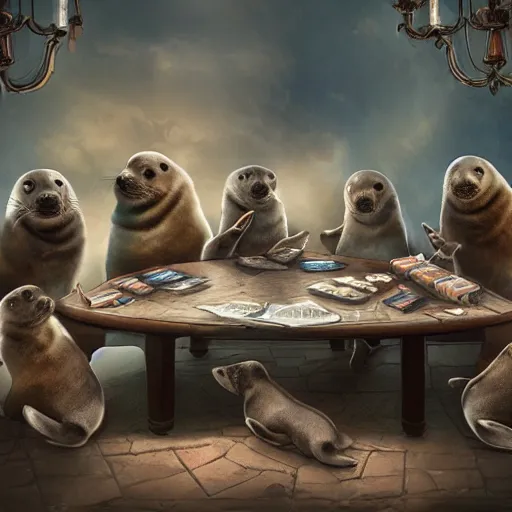 Image similar to a group of seals pups sitting around a table, playing dnd, cinematic lighting, trending on artstation, focused, detailed