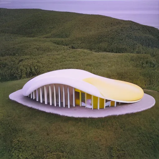 Image similar to architecture ad for a mid-century modern house in Gaspé, designed by Zaha Hadid. Shell. Aerial view. Film grain, cinematic, colorized, yellow hue