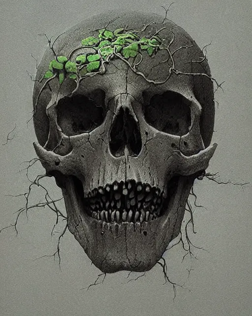 Image similar to skull, ivy, death, scifi by zdislaw beksinski