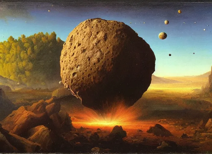 Prompt: earth during the cretaceous – paleogene extinction event, just as the asteroid is colliding with earth, focus is on the asteroid itself in the style of hudson river school of art, oil on canvas