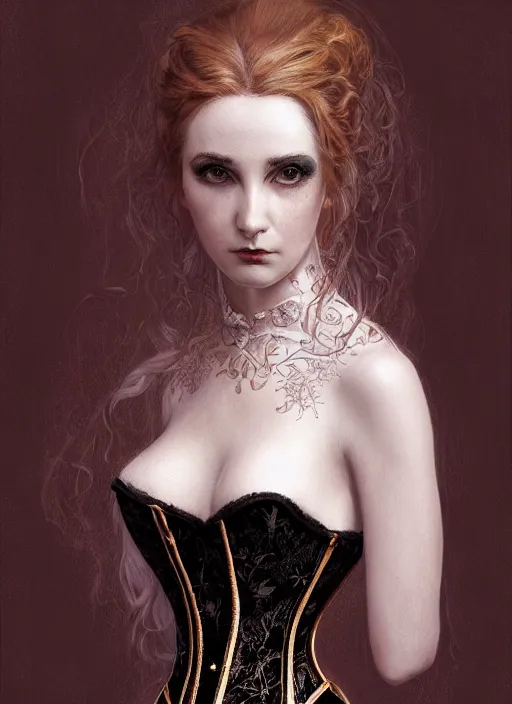 Image similar to portrait of a beautiful Victorian female ghost in a corset, intricate, elegant, highly detailed, centered, digital painting, artstation, concept art, smooth, sharp focus, illustration, artgerm, donato giancola, Joseph Christian Leyendecker, WLOP, Artgerm