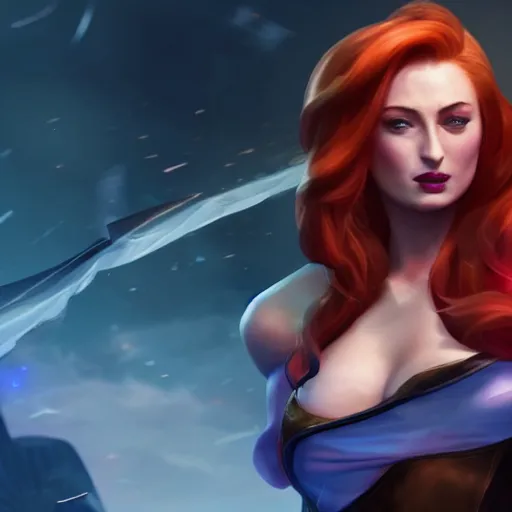 Prompt: an action shot of Sophie turner as Miss Fortune in League of Legends, 4K, cinema, imax, hyperreal