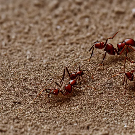 Prompt: Photograph Macro shot of ants in sand, 50x Zoom, DSLR, HDR, artstation,