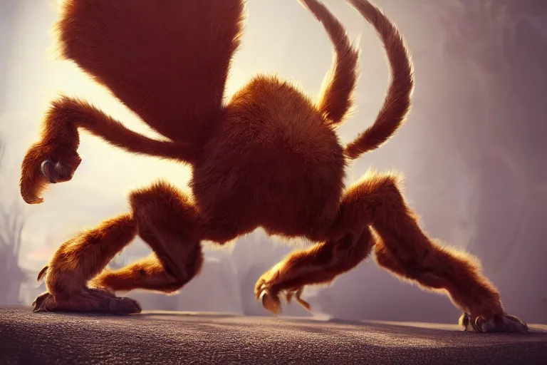 Prompt: The fluffiest little scary creature in the world, hybrid from scorpion spider caracal , fullbody, oil painting, exoskeletton, zootopia, volumetric light, unreal 5, DAZ, hyperrealistic, octane render, RPG portrait, dynamic lighting, fantasy art, beautiful face