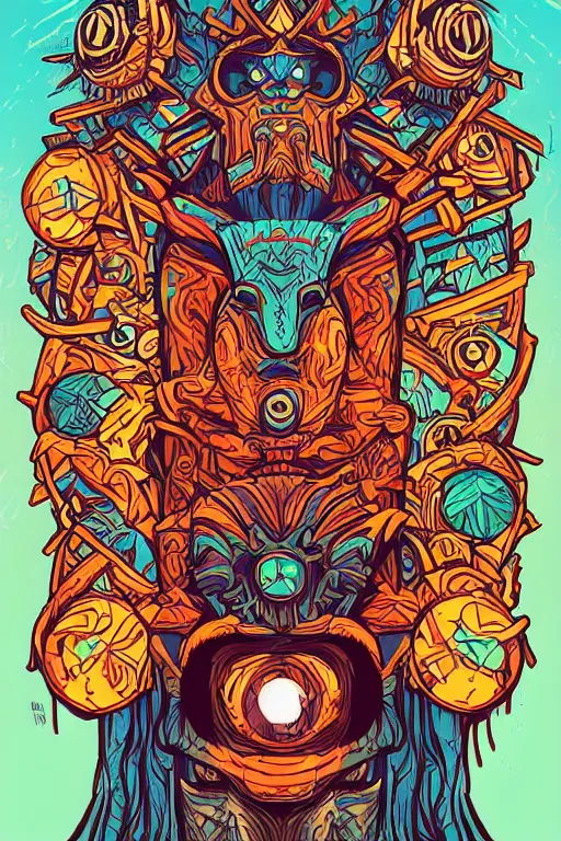 Image similar to totem animal mask tribal feather gemstone plant wood rock shaman vodoo video game vector illustration vivid multicolor borderlands comics by josan gonzales and dan mumford radiating a glowing aura