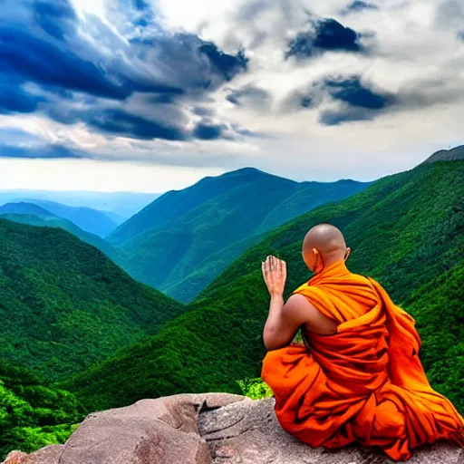 Image similar to a monk meditating on a tall mountain peak, beautiful background
