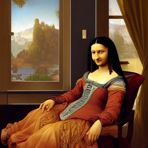 Image similar to Monalisa is sitting on her living room couch. She is dressed casually and is watching TV, Regal, Realistic, Refined, Detailed Digital Art, Josephine wall, Oil Painting, William-Adolphe Bouguereau, Art Frahm, Esao Andrews, Steampunk, Walt Disney (1937), Highly Detailed, Cinematic Lighting, Unreal Engine, 8k, HD