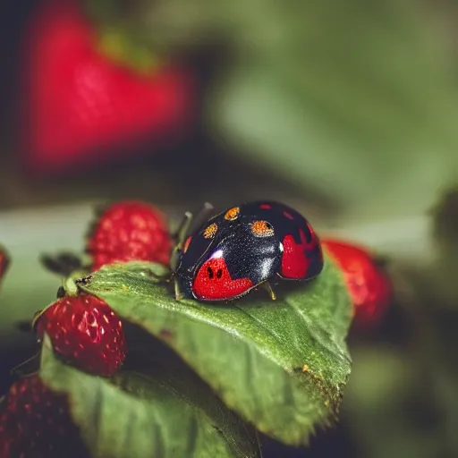 Image similar to professional photography of a Lady bug on a strawberry, bokeh, 8k