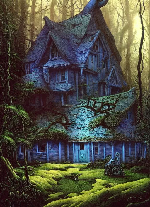 Image similar to hyper realistic witch cottage with mood lighting and technology in the woods gorgeous lighting, sunbeams blue sky, highly detailed, lush forest foliage painting by zdzisław beksinski and norman rockwell and greg rutkowski weta studio, and lucasfilm