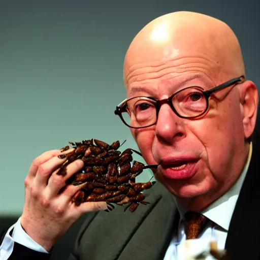 Image similar to a press photo of Klaus Schwab of the world economic forum eating bugs and other insects, horrible, 8k