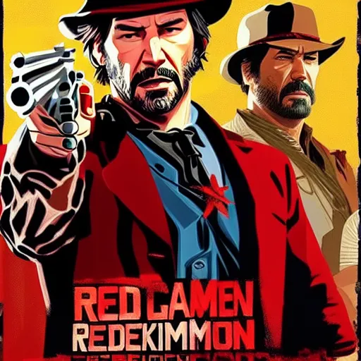 Image similar to Keanu Reeves as a Red Dead Redemption 2 character, dressed as a Western sheriff, game box art